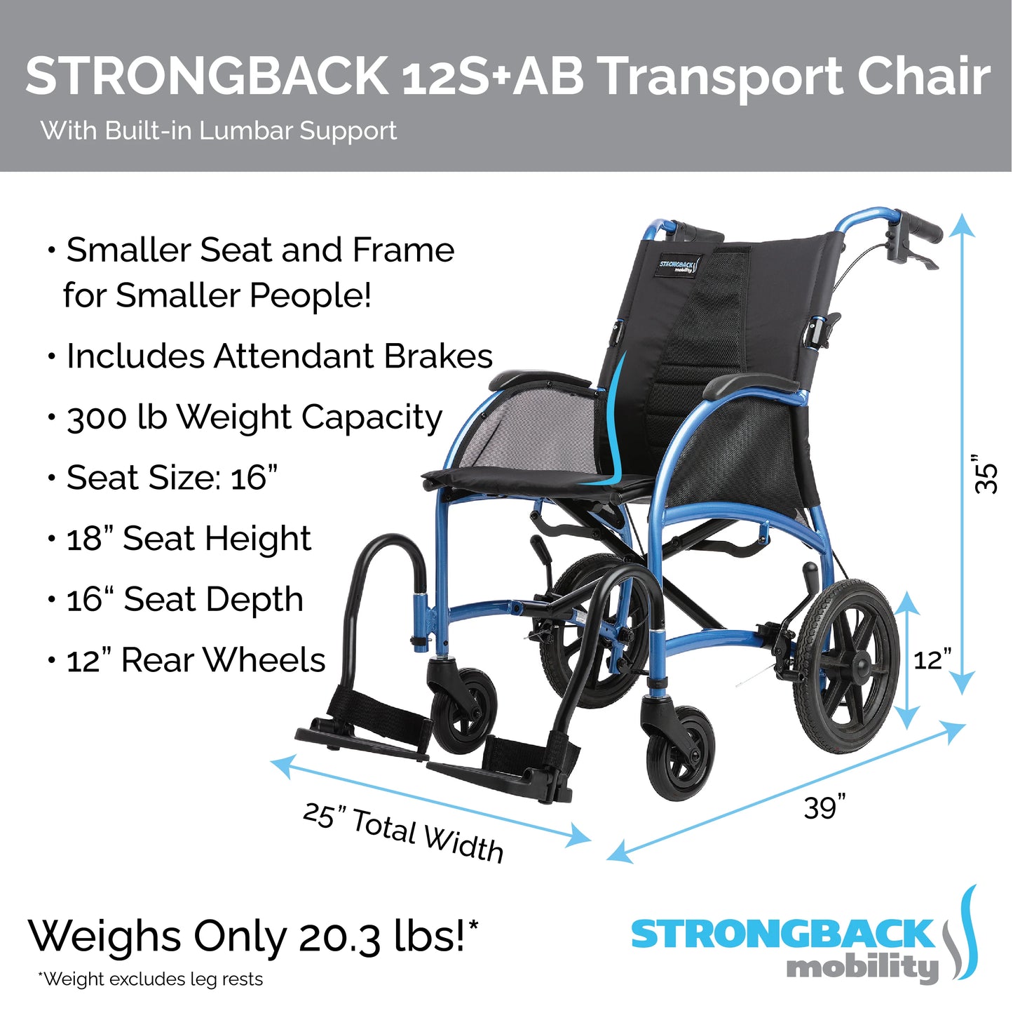 Strongback Mobility STRONGBACK Excursion Small: 12S+AB Transport Wheelchair 1016AB