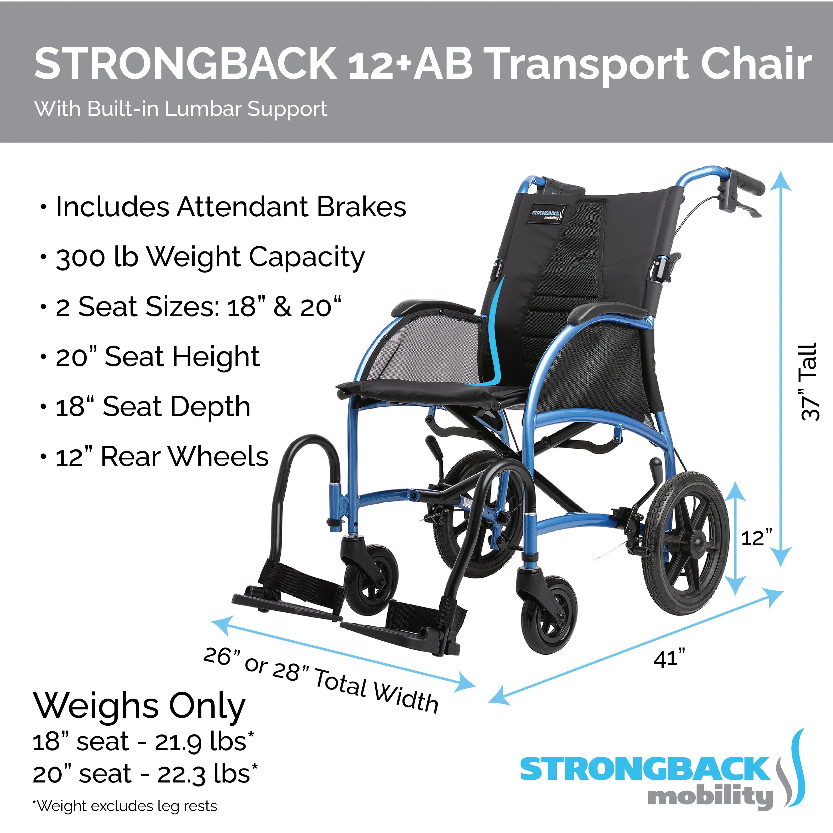Strongback Mobility STRONGBACK Excursion : 12+AB Transport Wheelchair 1003AB, 1012AB