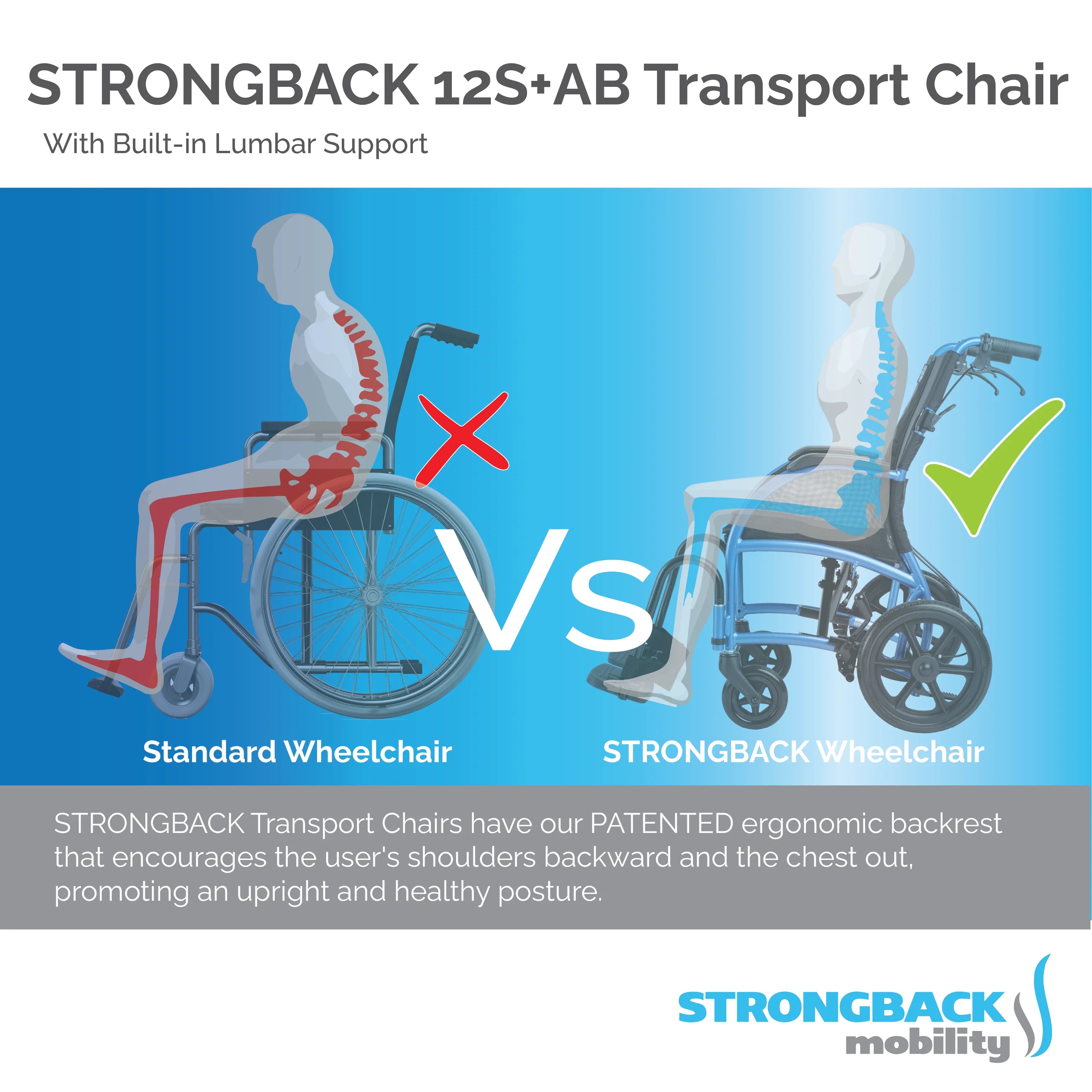 Strongback Mobility STRONGBACK Excursion Small: 12S+AB Transport Wheelchair 1016AB