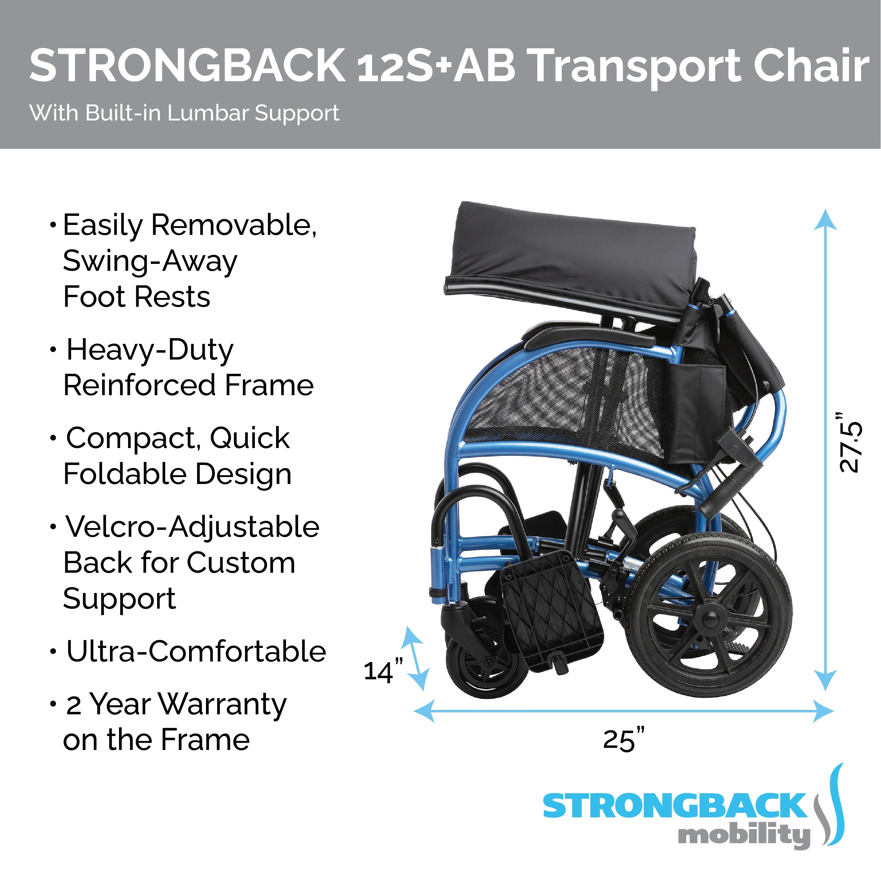 Strongback Mobility STRONGBACK Excursion Small: 12S+AB Transport Wheelchair 1016AB