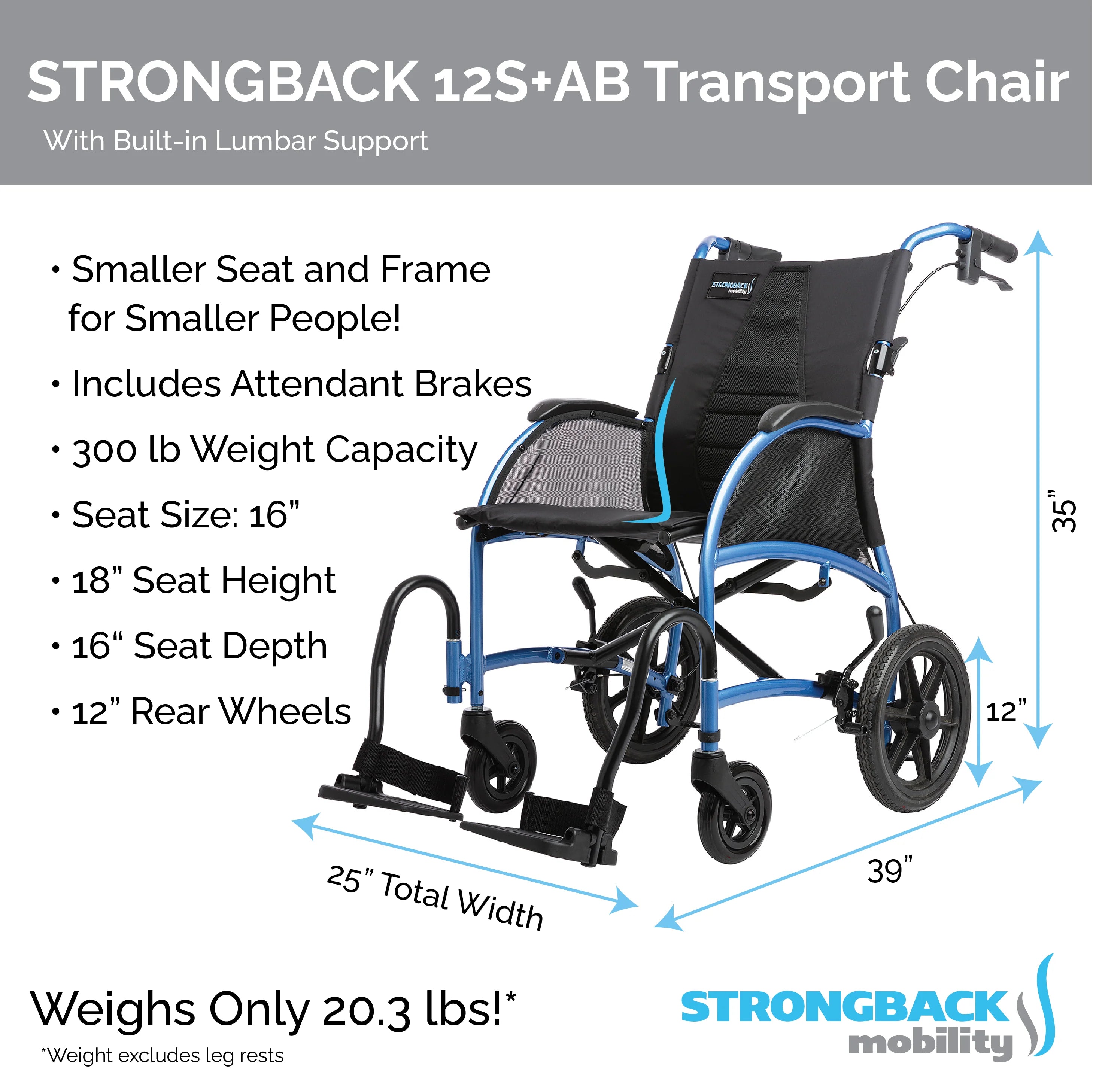 Strongback Mobility STRONGBACK Excursion Small: 12S+AB Transport Wheelchair 1016AB