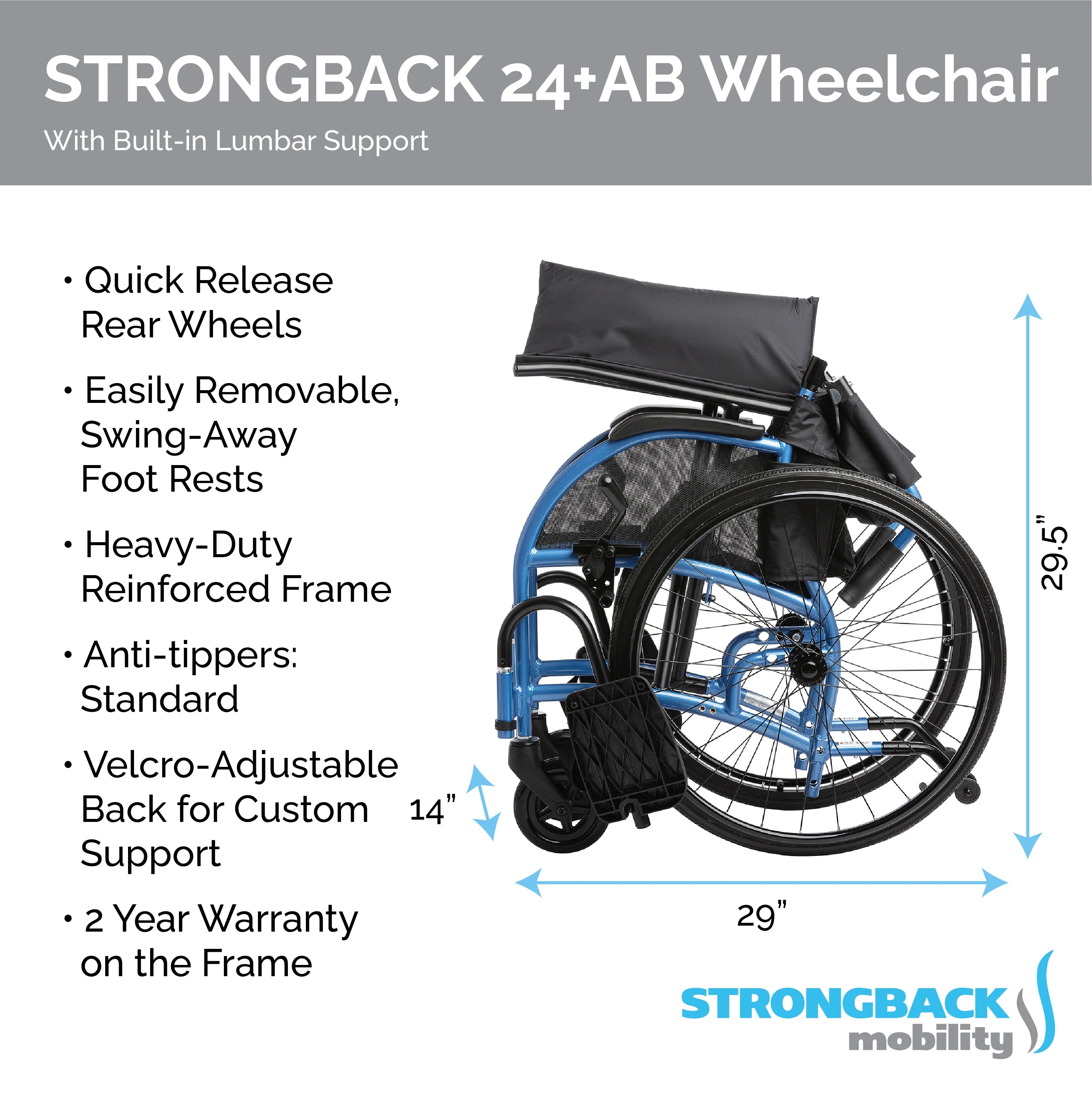 Strongback Mobility STRONGBACK Comfort : 24+AB Wheelchair 1007AB, 1010 AB