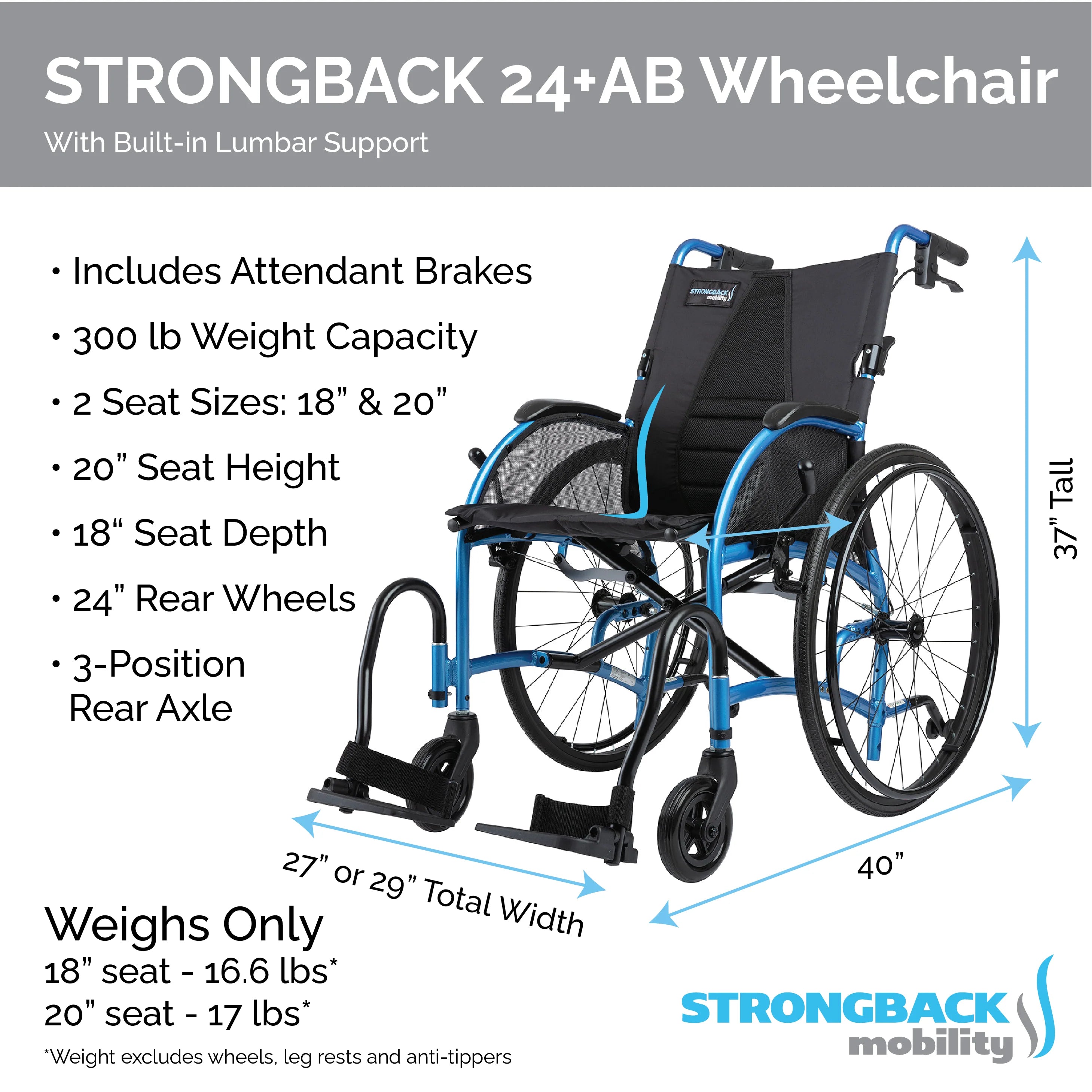 Strongback Mobility STRONGBACK Comfort : 24+AB Wheelchair 1007AB, 1010 AB
