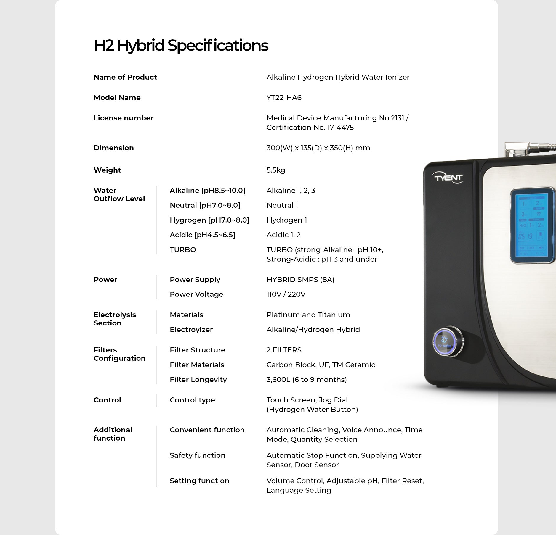 TYENT USA H2 HYBRID WATER IONIZER 00851613002642